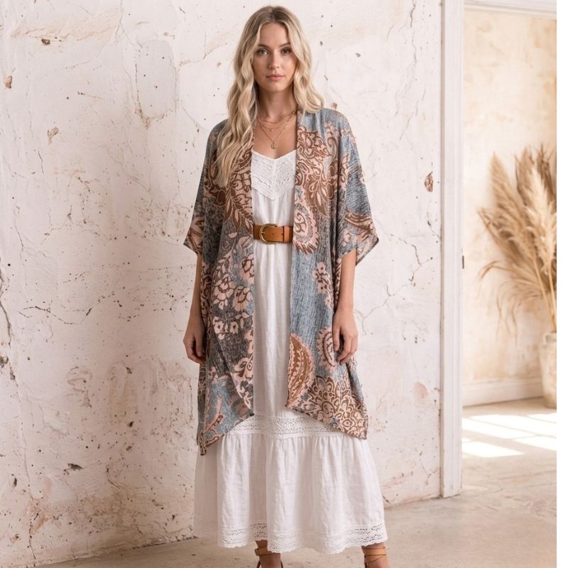 White Boho Dress Layered with Soulza Boho Kimono