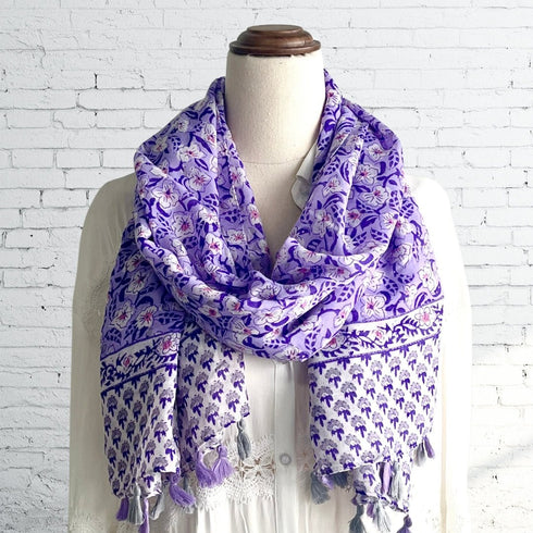 Purple Floral Boho Pattern Tassel Scarf - SOULZA AUSTRALIA