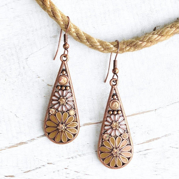 Brown Boho Brass Diamante Flower Earrings - SOULZA AUSTRALIA