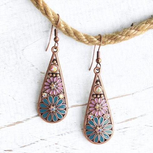 Purple Boho Copper Diamante Flower Earrings - SOULZA AUSTRALIA