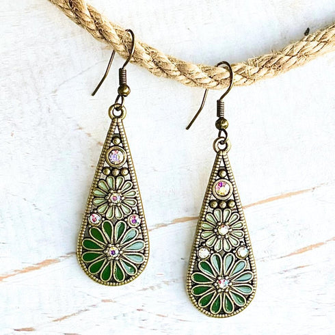 Green Boho Brass Diamante Flower Earrings - SOULZA AUSTRALIA