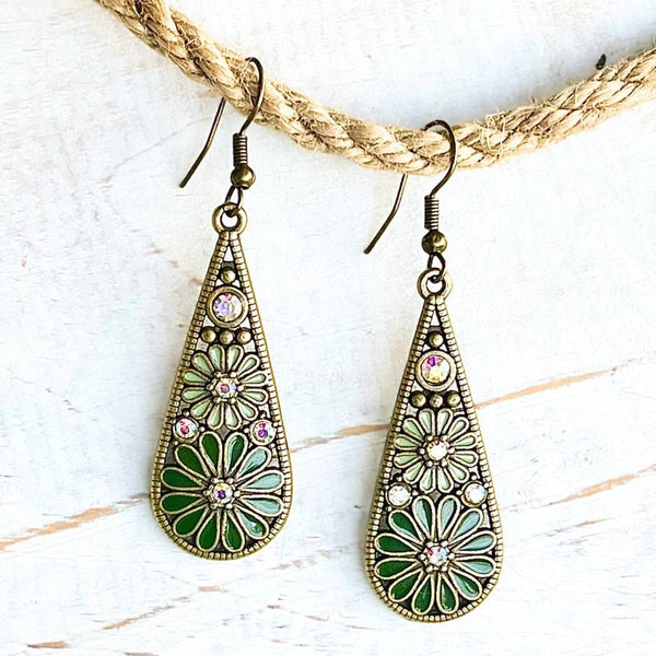 Green Boho Brass Diamante Flower Earrings - SOULZA AUSTRALIA