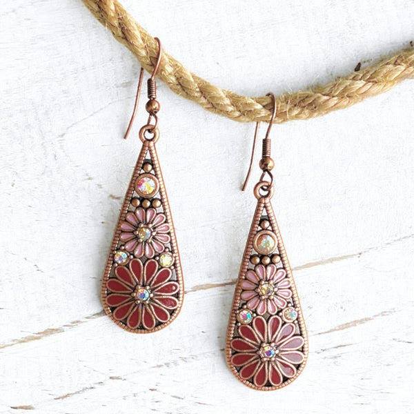 Pink Boho Copper Diamante Flower Earrings - SOULZA AUSTRALIA