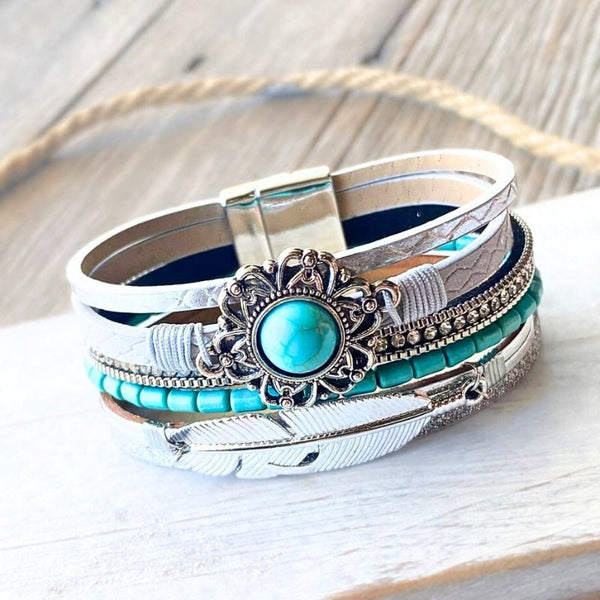 Silver n Turquoise Leaf Wrap Bracelet - SOULZA AUSTRALIA