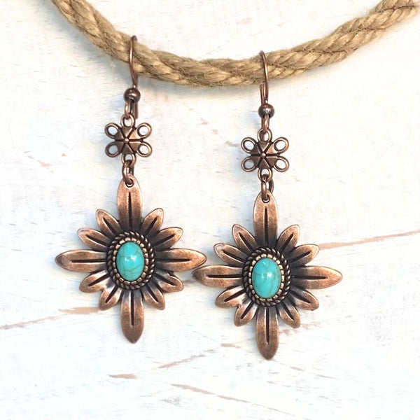 Antique Copper & Turquoise Flower Earrings - SOULZA AUSTRALIA