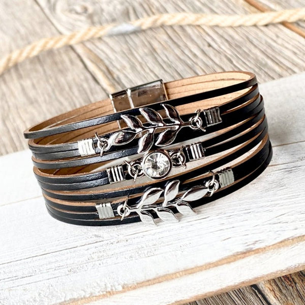 Black & Silver Leaf Wrap Bracelet - SOULZA AUSTRALIA