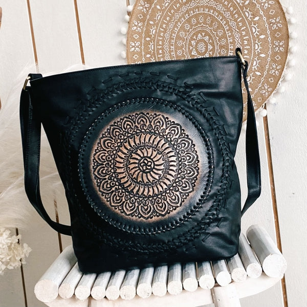 Black Boho Handtooled Leather Mandala Bag - SOULZA AUSTRALIA