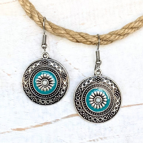 Boho Turquoise Floral Circle Earrings