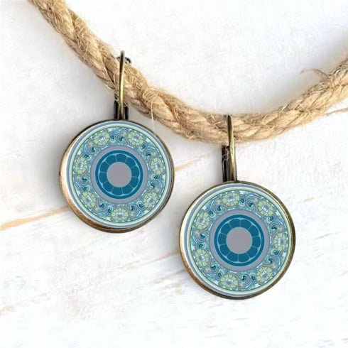 Lime n Grey Bronze Mandala Glass Earrings - SOULZA AUSTRALIA