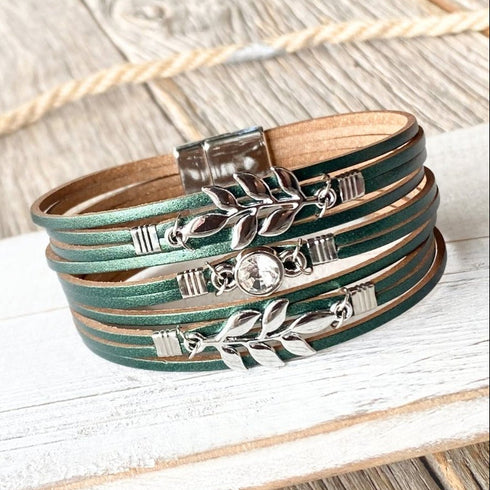 Green & Silver Leaf Wrap Bracelet - SOULZA AUSTRALIA