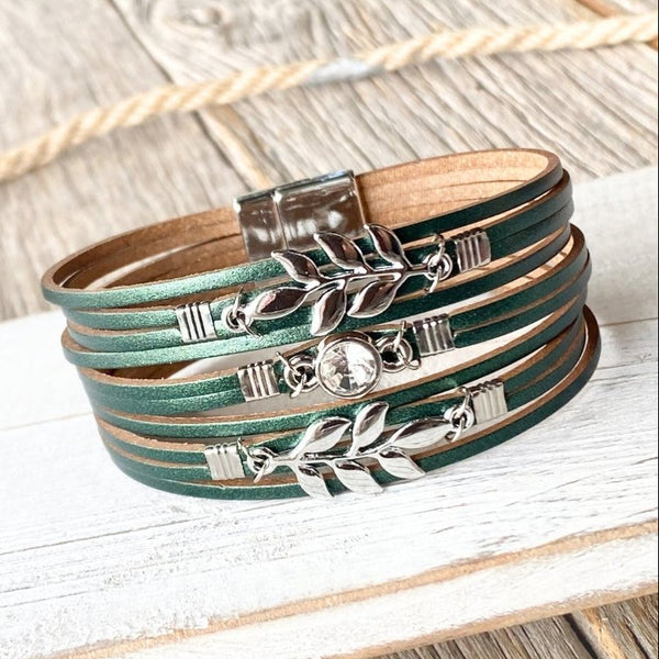 Green & Silver Leaf Wrap Bracelet - SOULZA AUSTRALIA