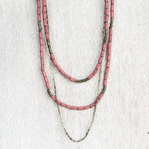 Tropical Pink n Brass Layered Boho Necklace - SOULZA AUSTRALIA