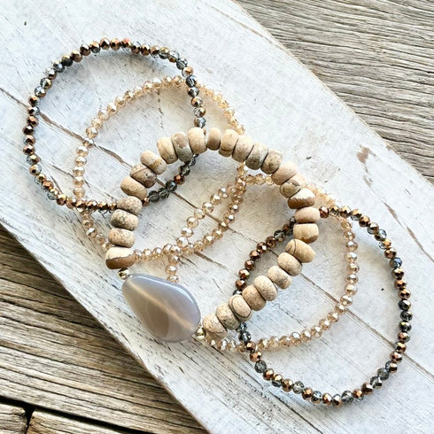 Boho Tan & Grey Crystal Bracelet Set - SOULZA AUSTRALIA