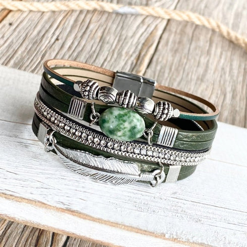 Green Silver Leaf n Bead Wrap Bracelet - SOULZA AUSTRALIA