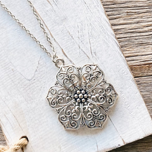 Boho Silver Flower Chain Pendant