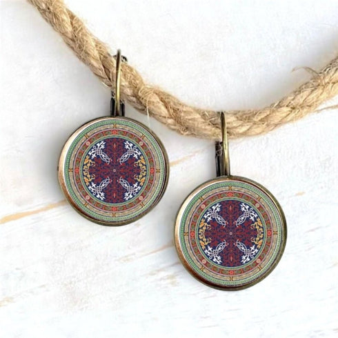 Dark Red Multicolour Bronze Mandala Glass Earrings - SOULZA AUSTRALIA