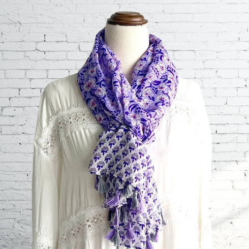 Purple Floral Boho Pattern Tassel Scarf - SOULZA AUSTRALIA