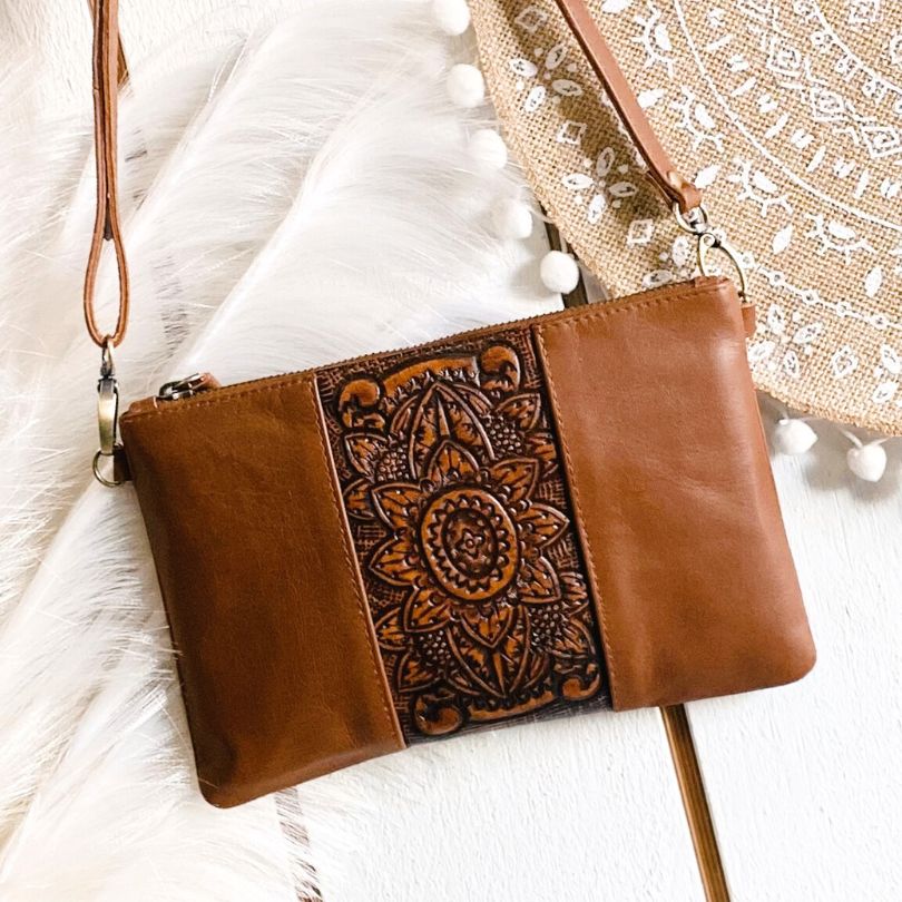 Chocolate Brown Boho Sunflower Crossbody Bag