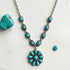 A silver-toned necklace featuring multiple rectangular turquoise stones and a large floral pendant with round turquoise stones, displayed on a textured off-white surface with two loose turquoise stones nearby.