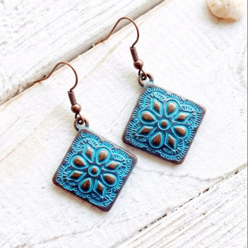 Boho Turquoise Patina Diamond Earrings