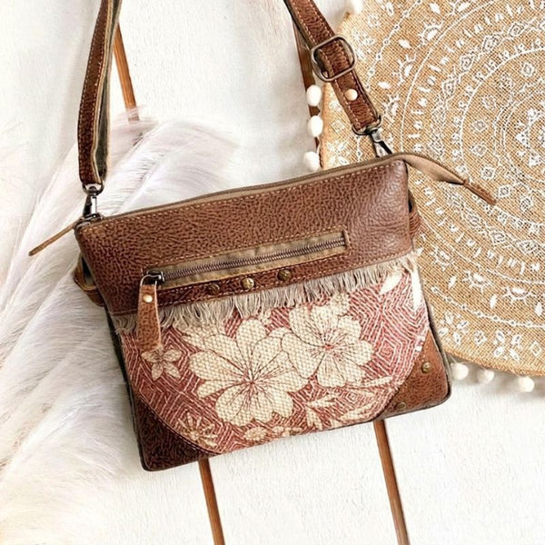 Cinnamon Floral Leather & Canvas Crossbody Bag