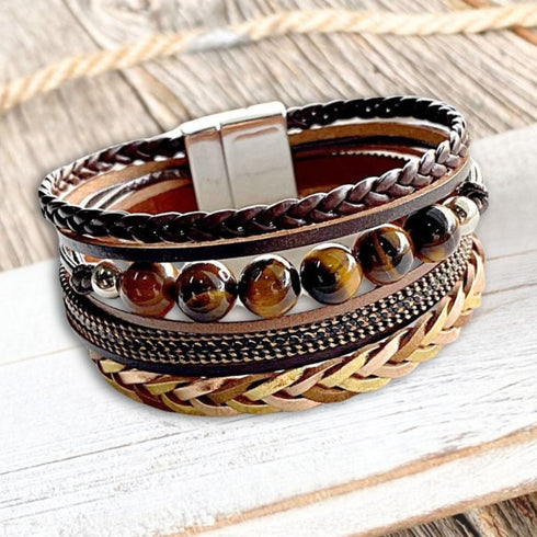 Tiger Eye Soulza Boho Bead n Plait Wrap Bracelet
