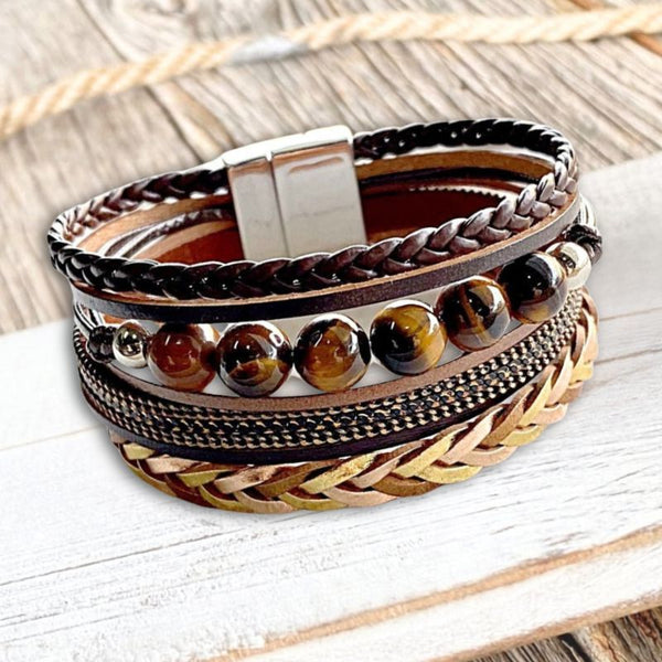 Tiger Eye Soulza Boho Bead n Plait Wrap Bracelet
