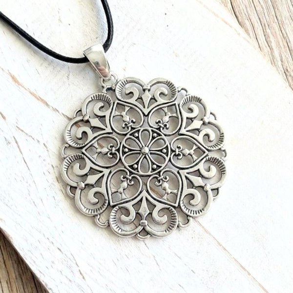 Boho Silver Mandala Medallion Pendant