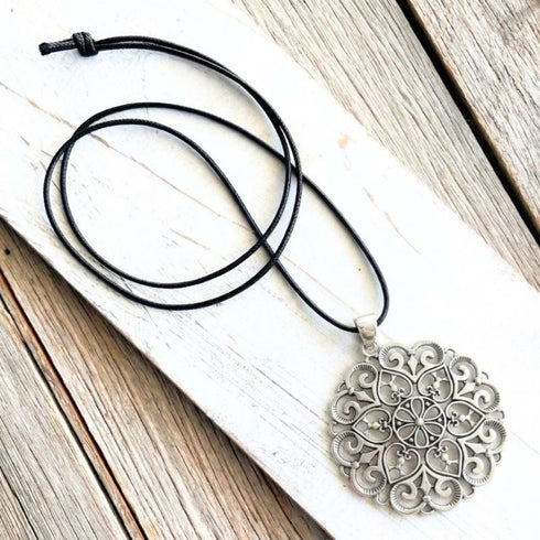 Boho Silver Mandala Medallion Pendant