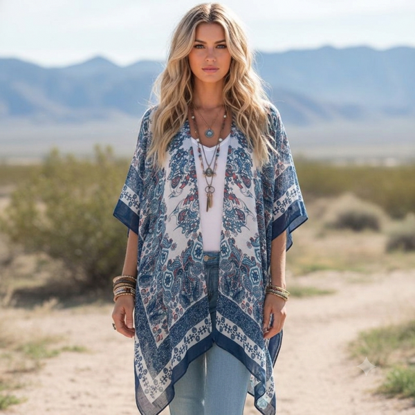 Navy Blue n White Mandala Bohemia Fabric Kimono