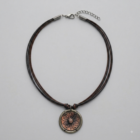 Artisan Two Tone Pewter Sunflower Necklace