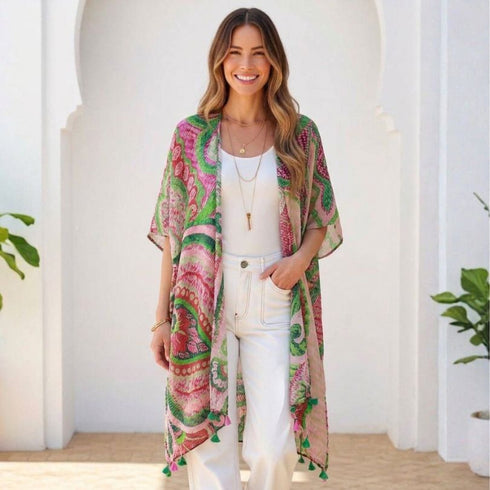 Pink n Lime Tassel Kimono - Light Jacket