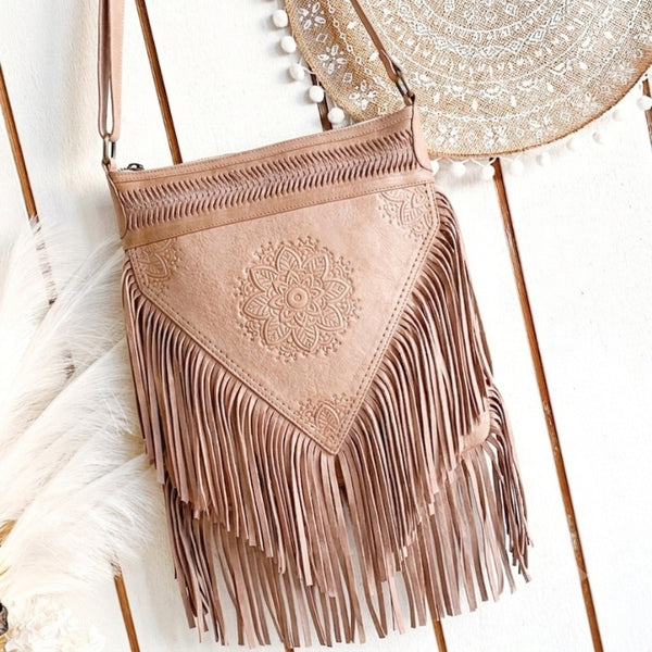 Blush Boho Leather Handtooled Flower Fringe Bag