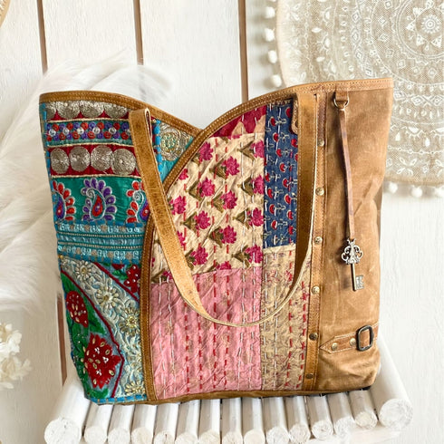 Fusion Blue Stitch Handcrafted Patchwork Tote Bag