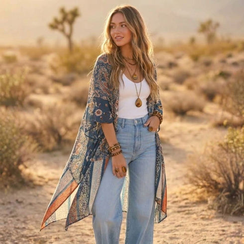 A woman stands in a desert landscape wearing a long sheer patterned kimono cardigan over a white tank top and light blue jeans. The cardigan features a navy blue base with intricate orange, beige, and gold floral and geometric patterns.