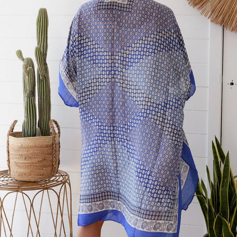 Blue & White Diamond Boho Style Kimono | One Size Light Jacket
