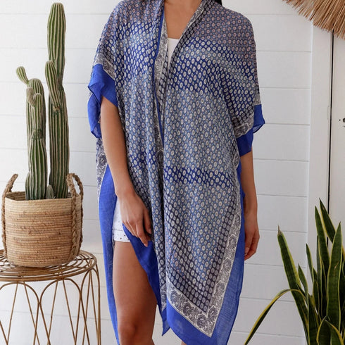 Blue & White Diamond Boho Style Kimono | One Size Light Jacket