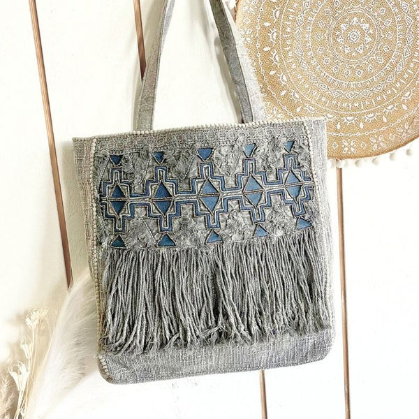 Smoky Grey Embroidered Fringe Tote Bag
