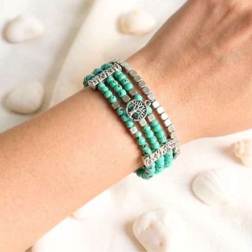 Turquoise Bead & Silver Alloy Bracelet Set