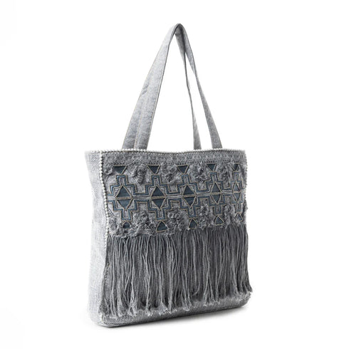 Smoky Grey Embroidered Fringe Tote Bag