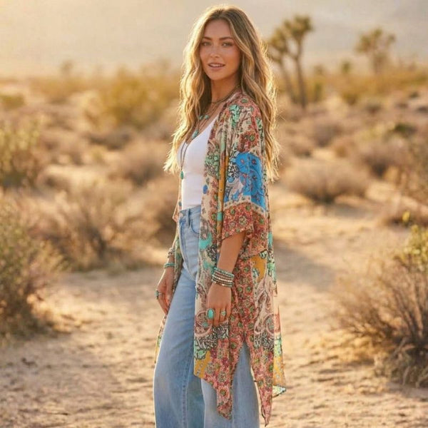 A woman stands on a desert path wearing a lightweight, multicolored bohemian-patterned kimono cardigan over a white top and light-wash blue jeans.
