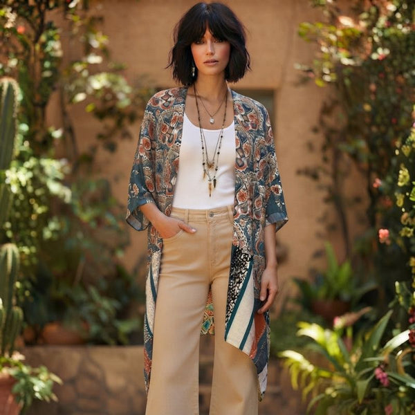 A woman stands outdoors in a garden setting wearing a bohemian-style floral kimono cardigan over a white tank top and beige wide-leg pants.