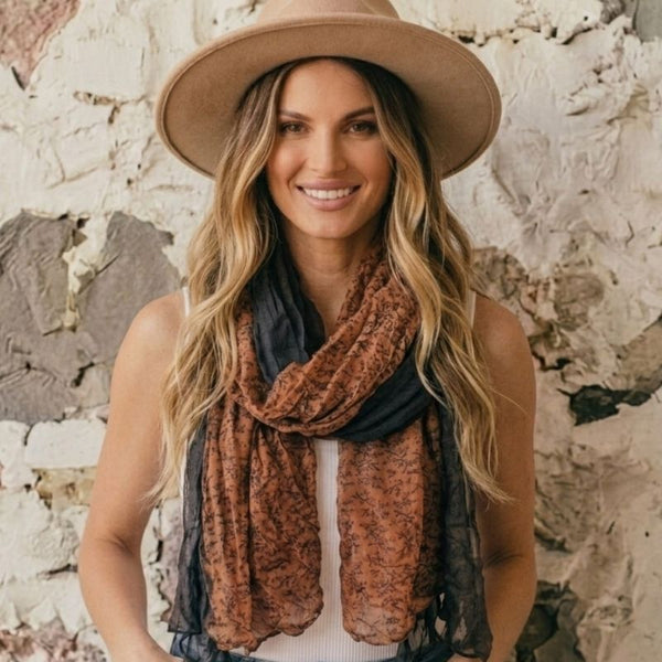 Rust n Charcoal Floral Ruffle Scarf