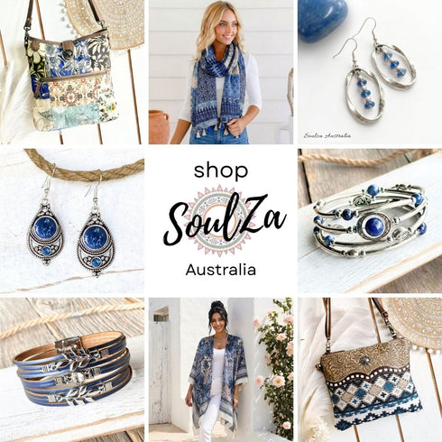 Blue Boho Silver Diamante Flower Earrings
