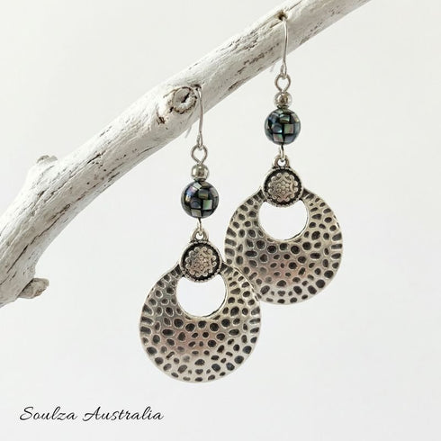 Black Disco Abalone Hammered Bead Earrings - Handmade by Soulza - SOULZA AUSTRALIA