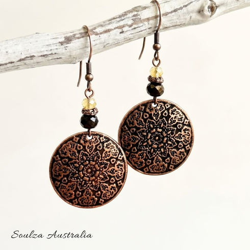 Copper n Bronze Mandala Czech Glass Bead Earrings - Handmade by Soulza - SOULZA AUSTRALIA
