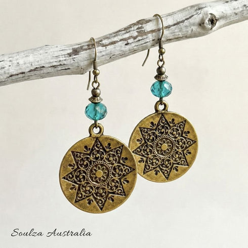Brass n Turquoise Mandala Czech Glass Bead Earrings - Handmade by Soulza - SOULZA AUSTRALIA