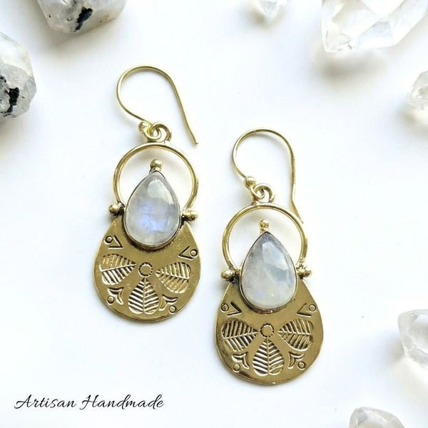 Artisan Brass Etched Moonstone Petal Earrings - SOULZA AUSTRALIA