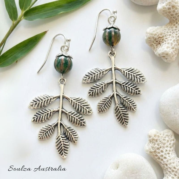Nature's Leaf Tibetan Glass Bead Earrings - Handmade by Soulza - SOULZA AUSTRALIA