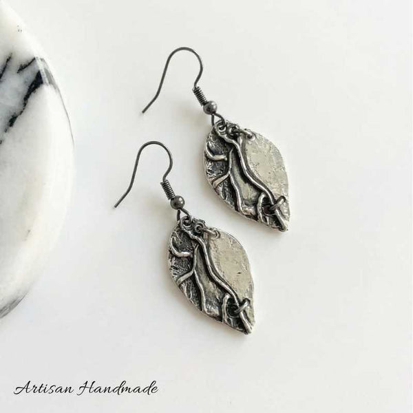 Artisan Silver Two Tone Leaf Pewter Earrings - SOULZA AUSTRALIA